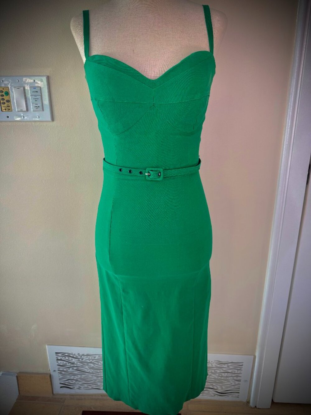 Stop Staring Green Midi Pinup Wiggle Dress with Skinny Belt - Size Small